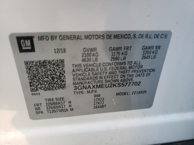 Photo 10 from auction – 2019 CHEVROLET EQUINOX LT with VIN 3GNAXMEU2KS577702