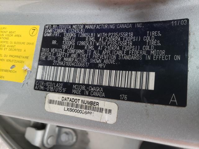 Photo 10 from auction – 2004 LEXUS RX 330 with VIN 2T2HA31U04C006617
