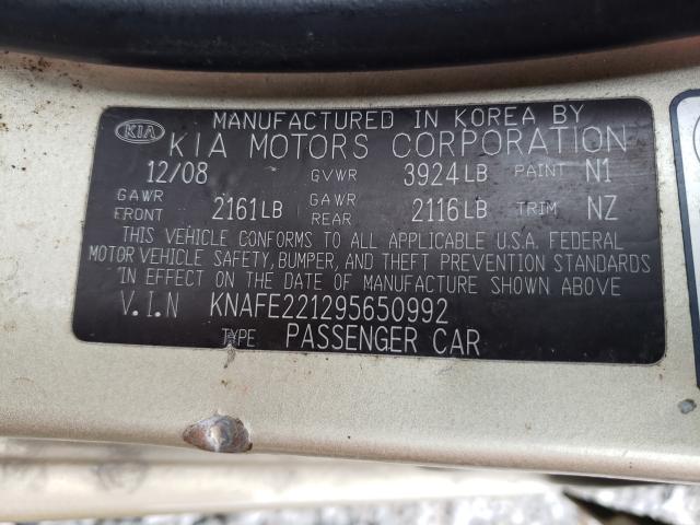 Photo 10 from auction – 2009 KIA SPECTRA EX with VIN KNAFE221295650992