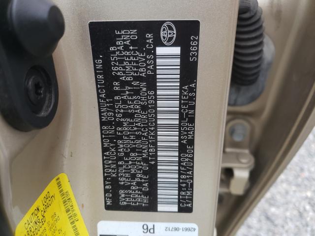 Photo 10 from auction – 2012 TOYOTA CAMRY BASE with VIN 4T1BF1FK4CU501956