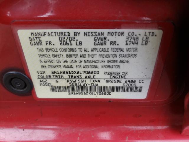 NISSAN SENTRA SE- 2002 with VIN 3N1AB51DX2L708200 - Photo from auction