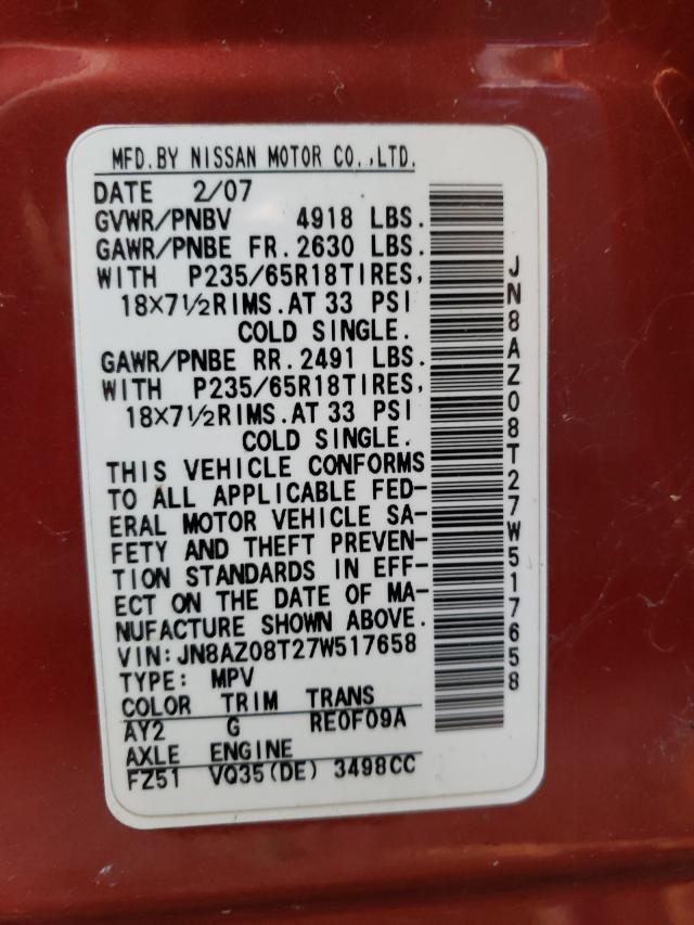 Photo 10 from auction – 2007 NISSAN MURANO with VIN JN8AZ08T27W517658