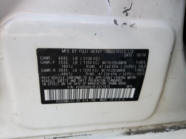 Photo 10 from auction – 2015 SUBARU OUTBACK 2. with VIN 4S4BSANCXF3251915