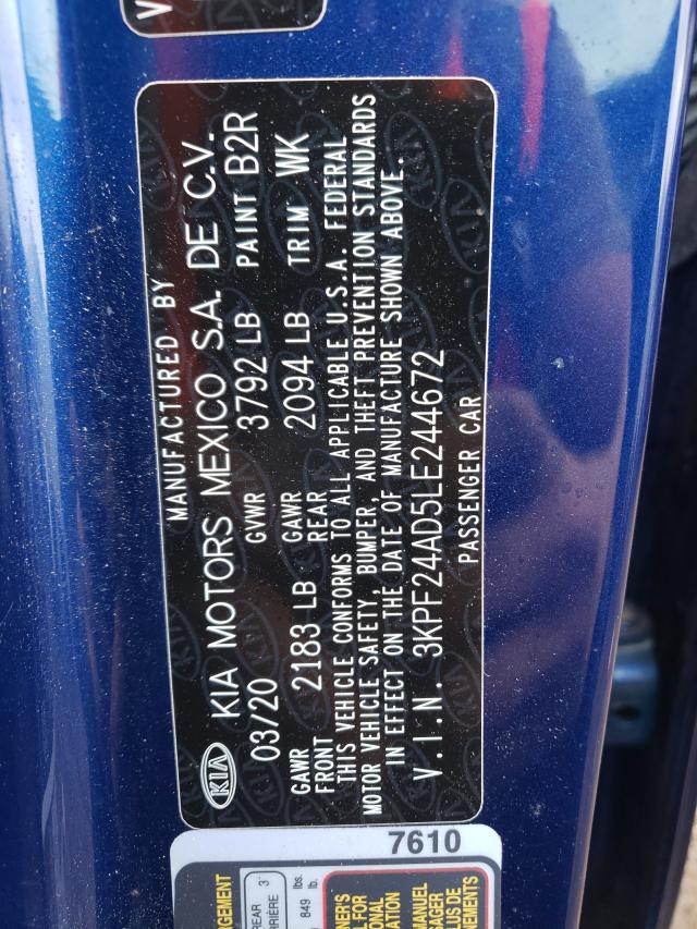Photo 10 from auction – 2020 KIA FORTE FE with VIN 3KPF24AD5LE244672