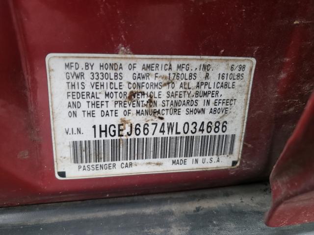 Photo 10 from auction – 1998 HONDA CIVIC LX with VIN 1HGEJ6674WL034686