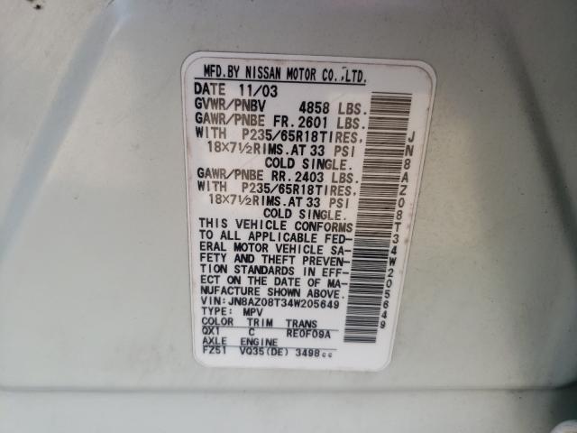 Photo 10 from auction – 2004 NISSAN MURANO SL with VIN JN8AZ08T34W205649