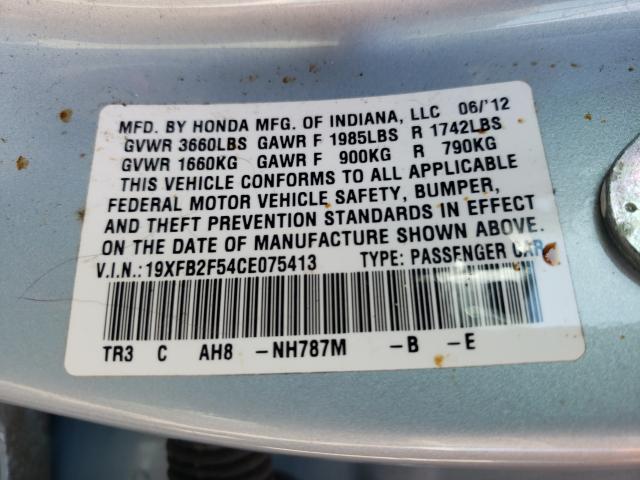 Photo 10 from auction – 2012 HONDA CIVIC LX with VIN 19XFB2F54CE075413