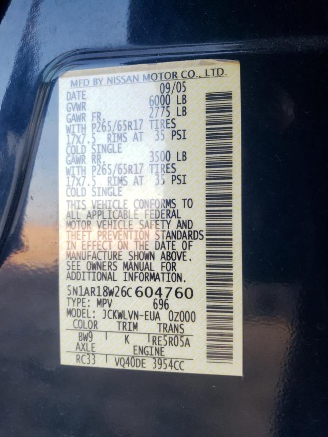 Photo 10 from auction – 2006 NISSAN PATHFINDER with VIN 5N1AR18W26C604760