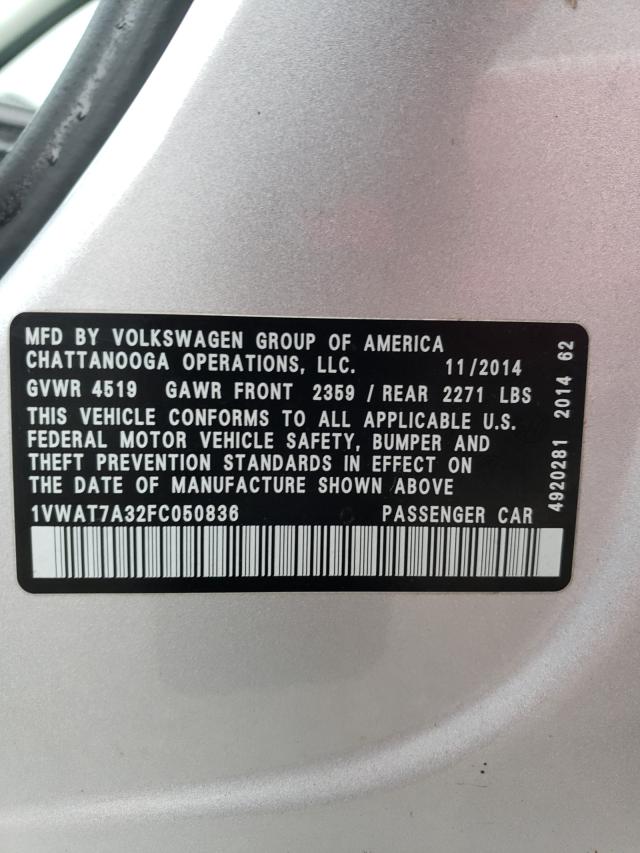 Photo 10 from auction – 2015 VOLKSWAGEN PASSAT S with VIN 1VWAT7A32FC050836