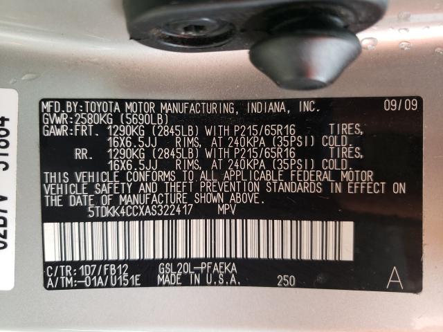 Photo 10 from auction – 2010 TOYOTA SIENNA CE with VIN 5TDKK4CCXAS322417
