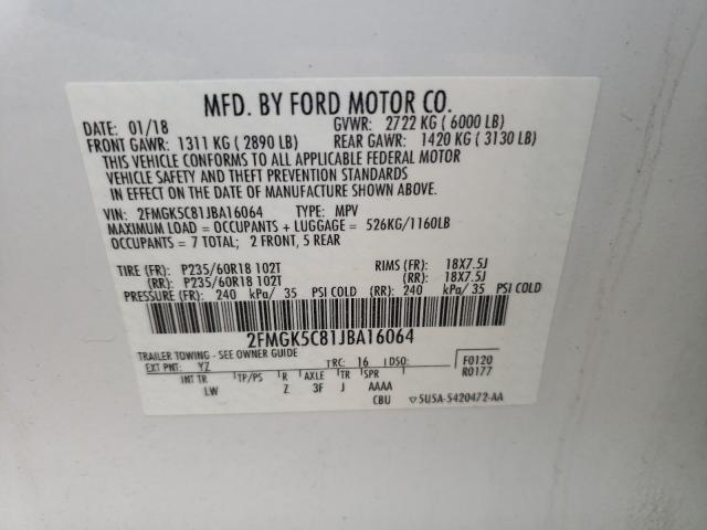 Photo 10 from auction – 2018 FORD FLEX SEL with VIN 2FMGK5C81JBA16064