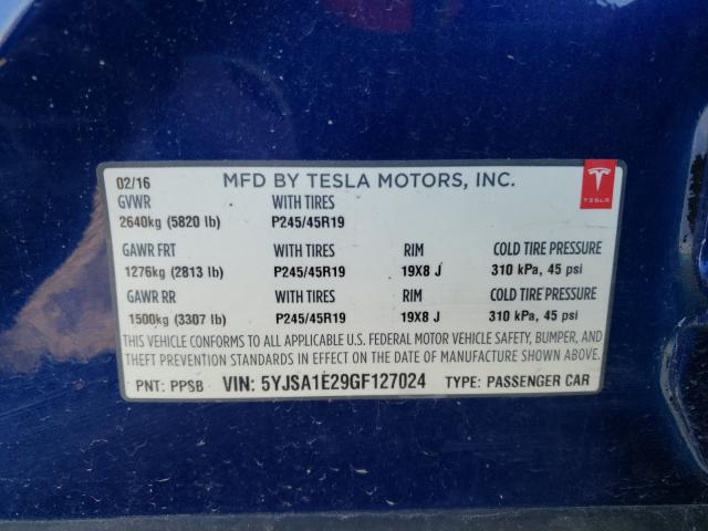 Photo 10 from auction – 2016 TESLA MODEL S with VIN 5YJSA1E29GF127024