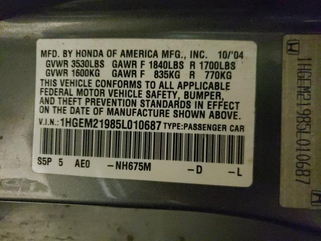 Photo 10 from auction – 2005 HONDA CIVIC with VIN 1HGEM21985L010687