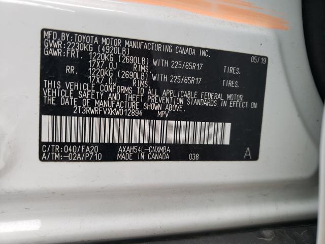 Photo 10 from auction – 2019 TOYOTA RAV4 XLE with VIN 2T3RWRFVXKW012894