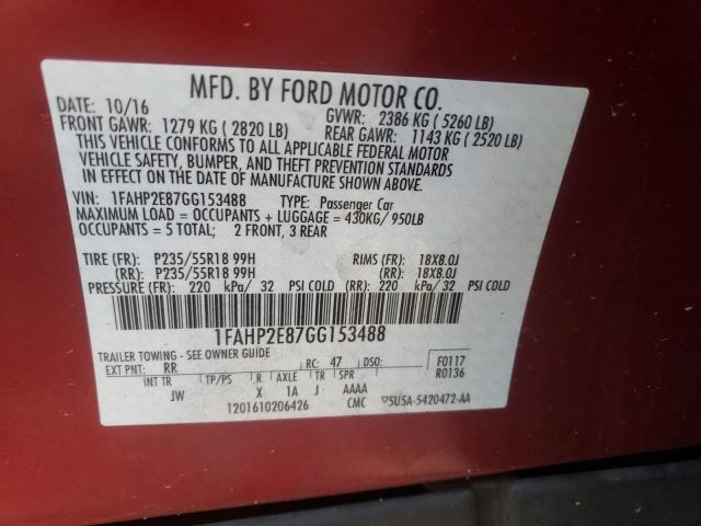 Photo 10 from auction – 2016 FORD TAURUS SEL with VIN 1FAHP2E87GG153488