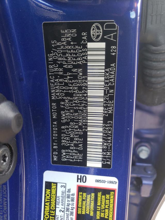 Photo 10 from auction – 2015 TOYOTA COROLLA L with VIN 2T1BURHE7FC427921
