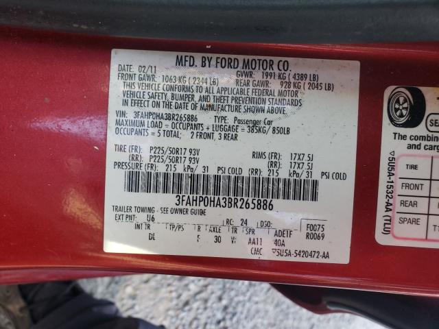 Photo 10 from auction – 2011 FORD FUSION SE with VIN 3FAHP0HA3BR265886