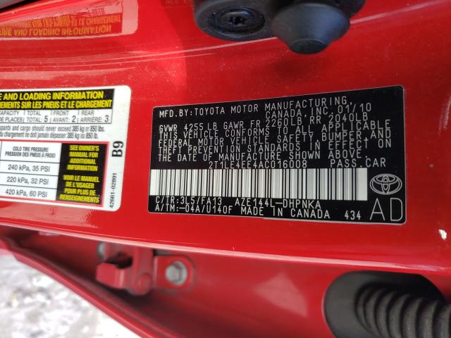 Photo 10 from auction – 2010 TOYOTA COROLLA MA with VIN 2T1LE4EE4AC016008