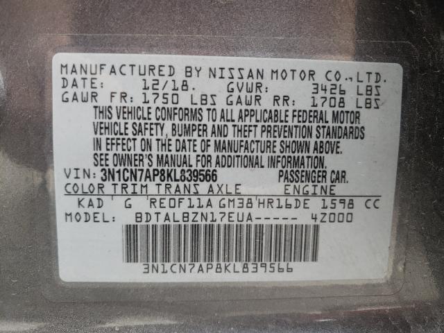 Photo 10 from auction – 2019 NISSAN VERSA S with VIN 3N1CN7AP8KL839566