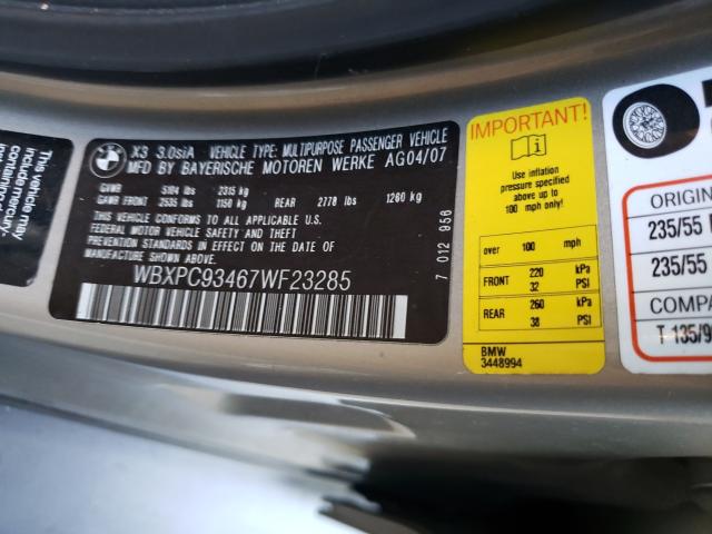 Photo 10 from auction – 2007 BMW X3 3.0SI with VIN WBXPC93467WF23285