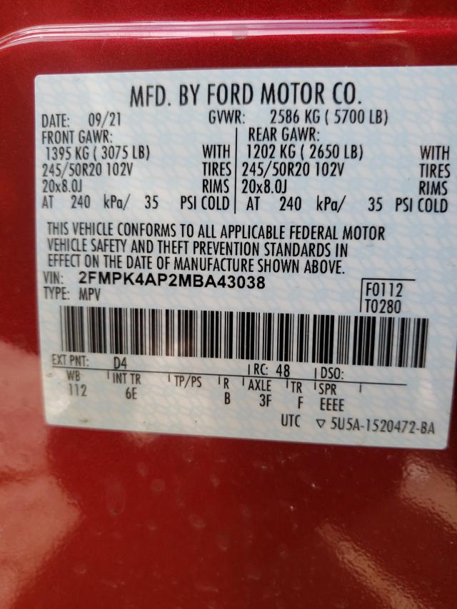 Photo 10 from auction – 2021 FORD EDGE ST with VIN 2FMPK4AP2MBA43038