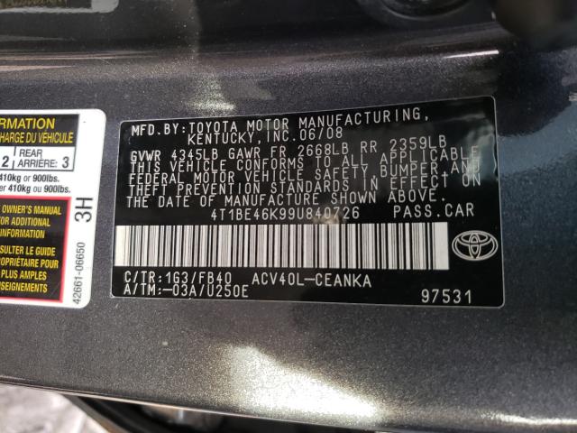 Photo 10 from auction – 2009 TOYOTA CAMRY BASE with VIN 4T1BE46K99U840726