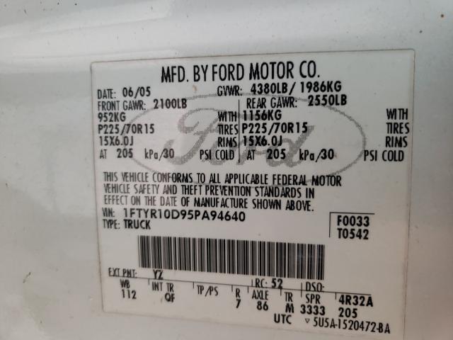 Photo 10 from auction – 2005 FORD RANGER with VIN 1FTYR10D95PA94640