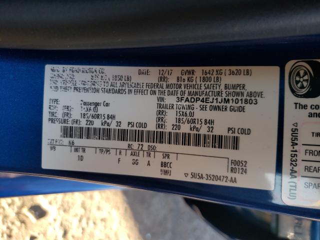 Photo 10 from auction – 2018 FORD FIESTA SE with VIN 3FADP4EJ1JM101803