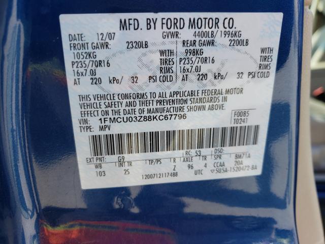 Photo 10 from auction – 2008 FORD ESCAPE XLT with VIN 1FMCU03Z88KC67796
