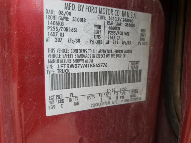 Photo 10 from auction – 2001 FORD F150 SUPER with VIN 1FTRW07W41KE62776