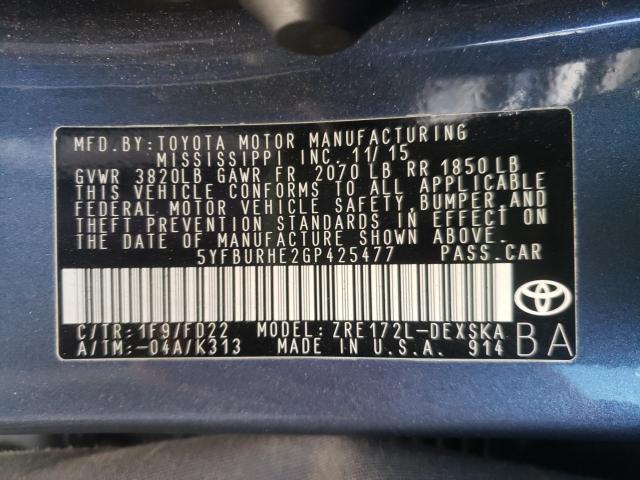 Photo 10 from auction – 2016 TOYOTA COROLLA L with VIN 5YFBURHE2GP425477