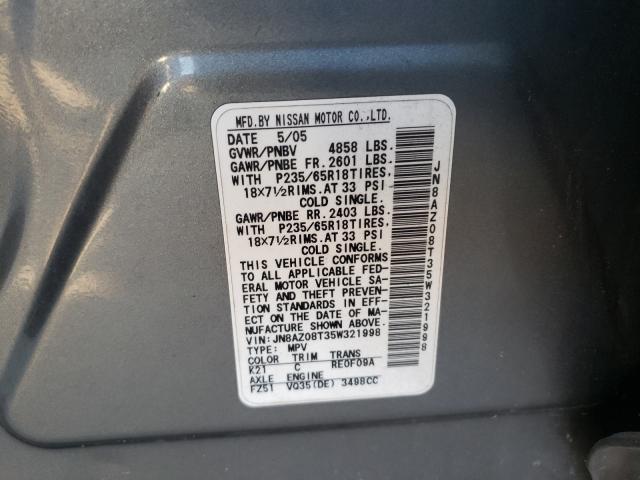 Photo 10 from auction – 2005 NISSAN MURANO SL with VIN JN8AZ08T35W321998