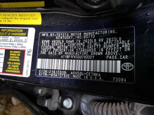 Photo 10 from auction – 2013 TOYOTA CAMRY L with VIN 4T1BF1FK5DU703321