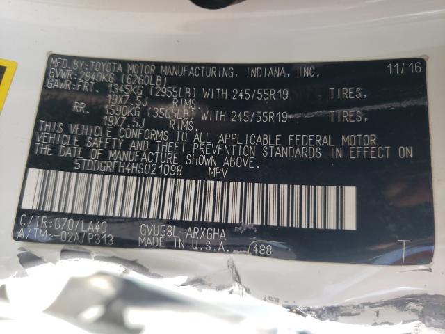 Photo 10 from auction – 2017 TOYOTA HIGHLANDER with VIN 5TDDGRFH4HS021098
