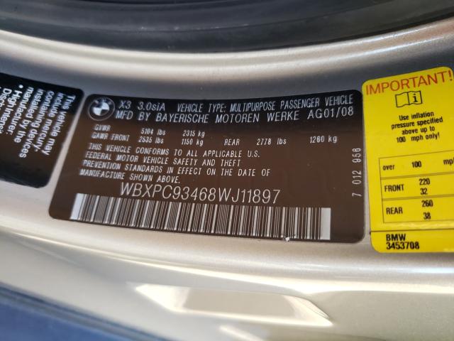 Photo 10 from auction – 2008 BMW X3 3.0SI with VIN WBXPC93468WJ11897