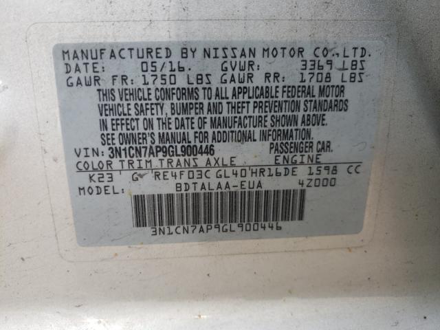 Photo 10 from auction – 2016 NISSAN VERSA S with VIN 3N1CN7AP9GL900446