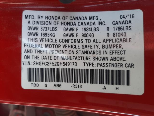 Photo 10 from auction – 2016 HONDA CIVIC LX with VIN 2HGFC2F52GH549173
