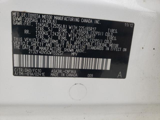 Photo 10 from auction – 2012 TOYOTA RAV4 with VIN 2T3ZF4DV5CW155257