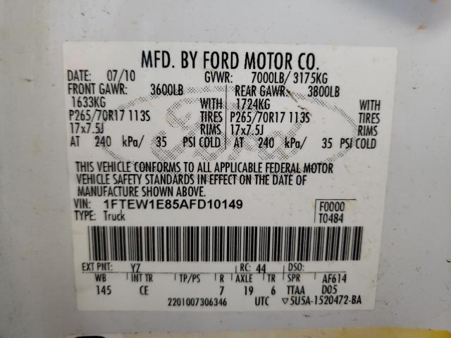 Photo 10 from auction – 2010 FORD F-150 with VIN 1FTEW1E85AFD10149