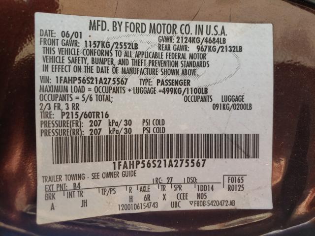 Photo 10 from auction – 2001 FORD TAURUS SEL with VIN 1FAHP56S21A275567