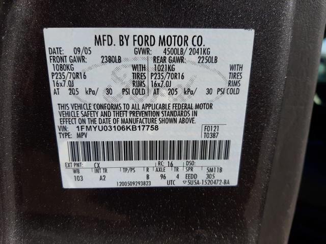 Photo 10 from auction – 2006 FORD ESCAPE XLT with VIN 1FMYU03106KB17758