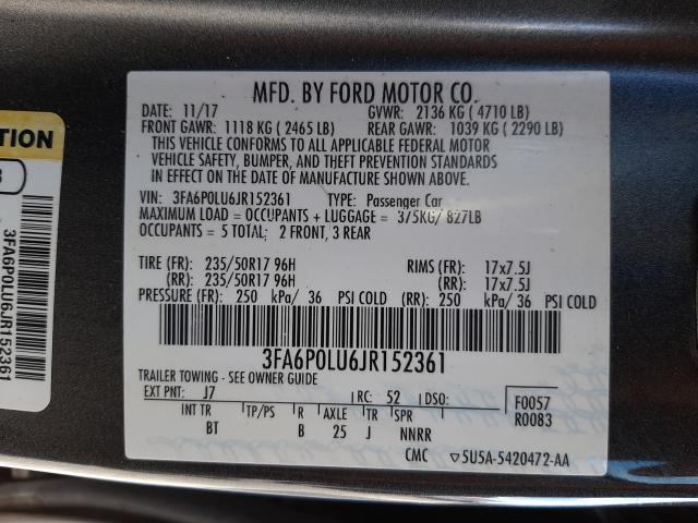 Photo 10 from auction – 2018 FORD FUSION SE with VIN 3FA6P0LU6JR152361