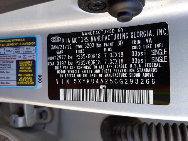 Photo 10 from auction – 2012 KIA SORENTO EX with VIN 5XYKU4A25CG293266