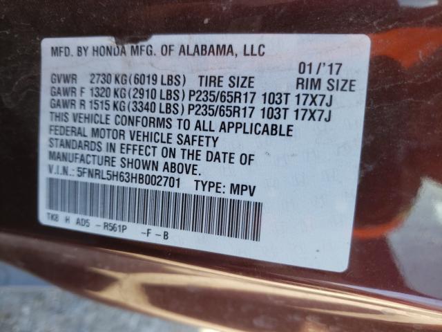 Photo 10 from auction – 2017 HONDA ODYSSEY EX with VIN 5FNRL5H63HB002701