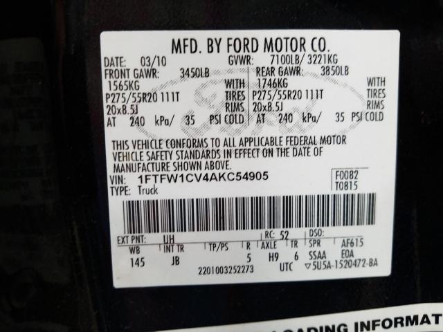 Photo 10 from auction – 2010 FORD F150 SUPER with VIN 1FTFW1CV4AKC54905