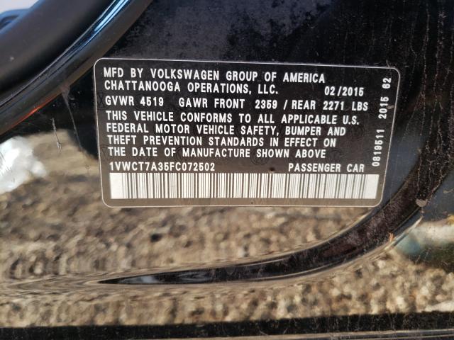 Photo 10 from auction – 2015 VOLKSWAGEN PASSAT SEL with VIN 1VWCT7A35FC072502