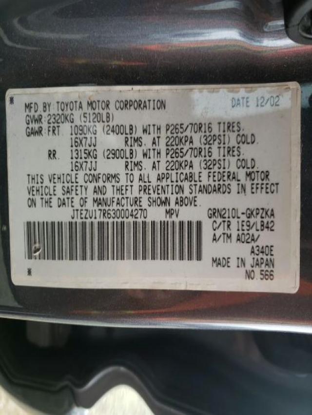 Photo 10 from auction – 2003 TOYOTA 4RUNNER LI with VIN JTEZU17R630004270