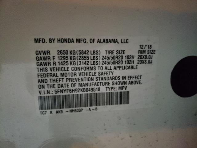 Photo 10 from auction – 2019 HONDA PILOT TOUR with VIN 5FNYF6H92KB049518