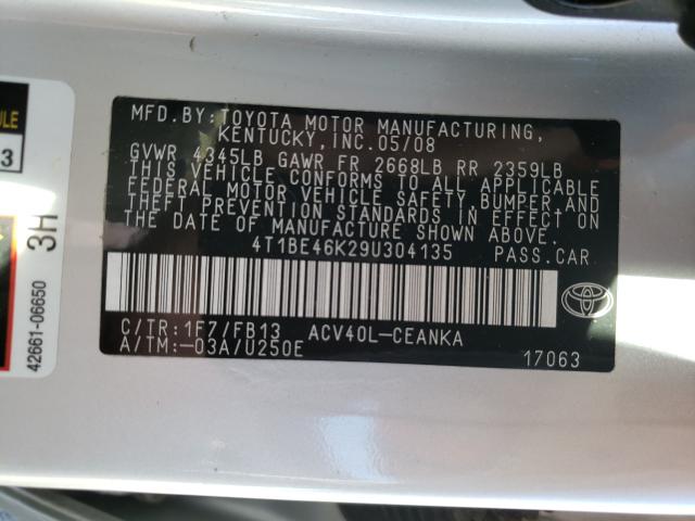 Photo 10 from auction – 2009 TOYOTA CAMRY BASE with VIN 4T1BE46K29U304135