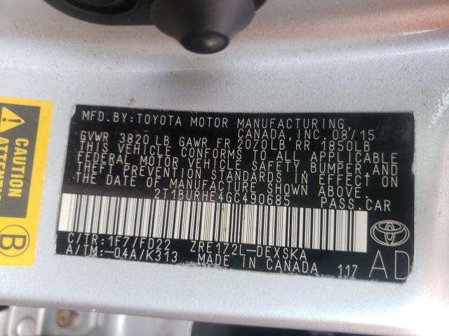 Photo 10 from auction – 2016 TOYOTA COROLLA L with VIN 2T1BURHE4GC490685
